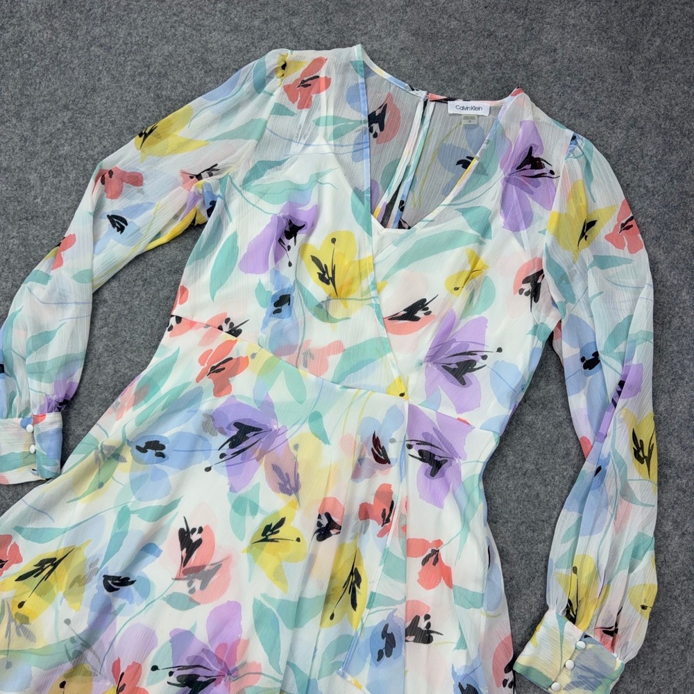 Calvin Klein Dress Womens 10 White Floral Faux Wrap Chiffon Long Sleeve Wedding